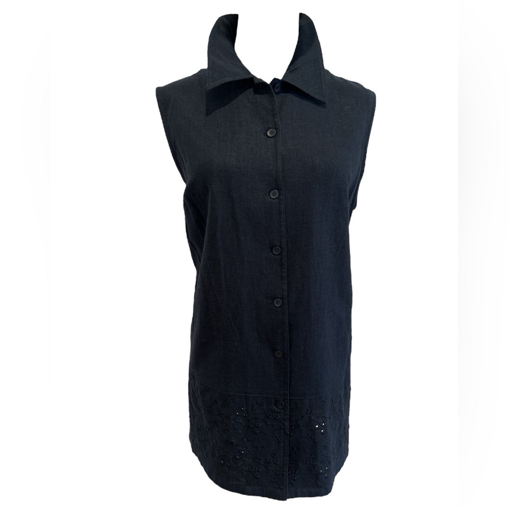 NWOT 90s KAREN SCOTT BLACK LINEN BLEND SLEEVELESS BLOUSE W EYELET LACE HEM SZ L - Picture 3 of 8